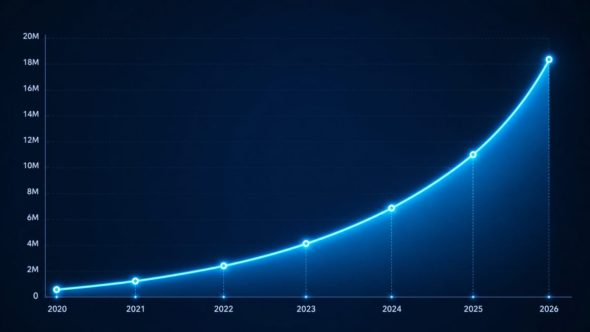 成人动漫用户增长数据图表,展示2020-2026年注册用户从50万增长至1800万的趋势